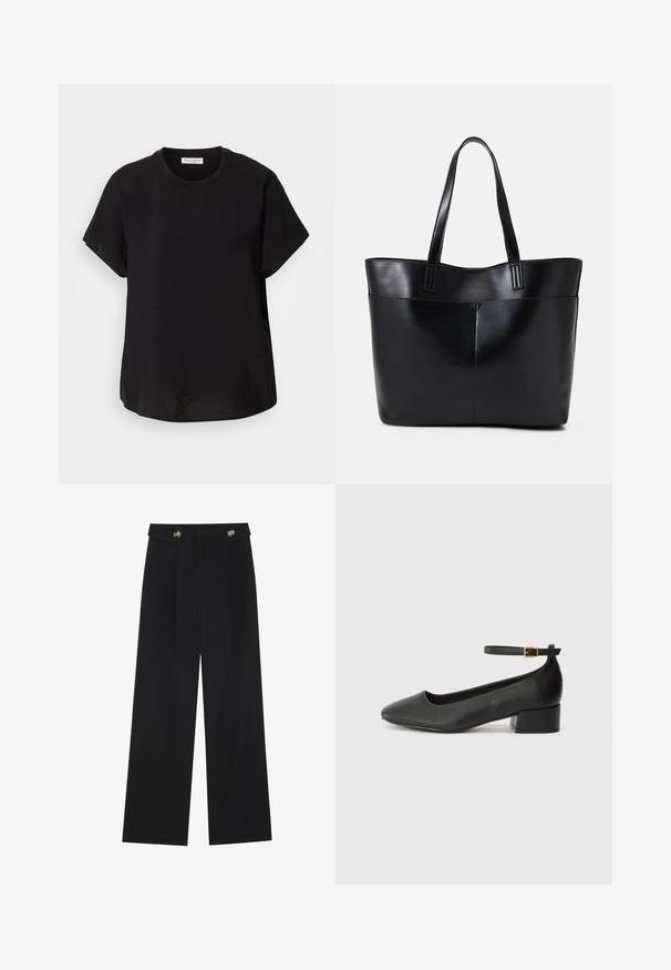 Svart t-skjorte med korte ermer og rund hals. Laget av lett stoff, med en avslappet passform og en rett kant nederst.; Svart vide bukser med høy midje, knappdetaljer på midjebåndet og frontplisser.; Sorte skinnpumper med spiss tå og lav blokkhelt. Har ankelrem med gullfarget spenne. Glatt tekstur.; Svart lær toteveske med to lange håndtak, en glatt tekstur og en strukturert form. Har en frontlomme for ekstra oppbevaring.