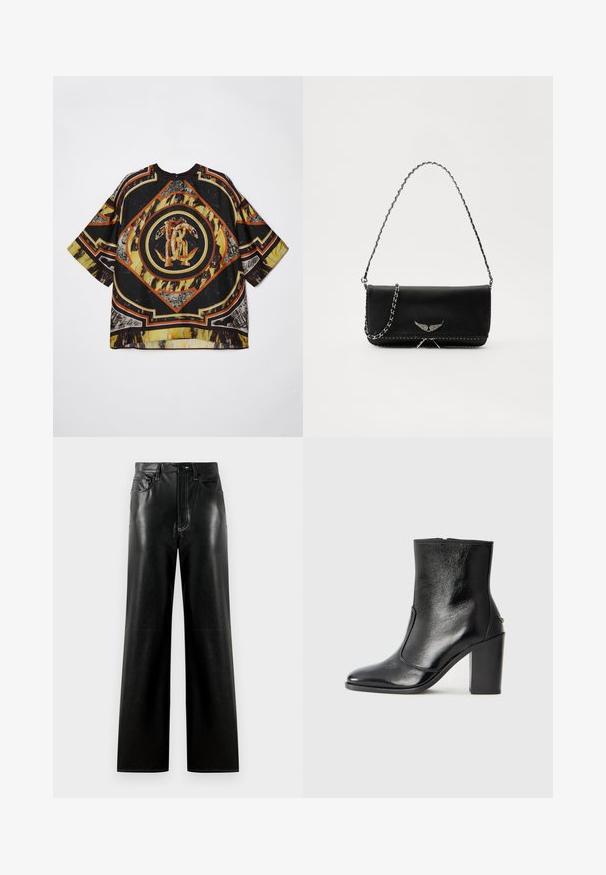 Maglietta a maniche corte con un motivo grafico nero, arancione e giallo caratterizzato da un design a diamante e dettagli intricati in vari colori.; Pantaloni a gamba larga in pelle nera con finitura liscia, dotati di chiusura con bottone e zip, tasche frontali e dettagli di cucitura a contrasto.; Stivale alla caviglia in pelle nera, con una superficie liscia, punta affilata e tacco alto e massiccio. Presenta una apertura laterale e un design minimalista.; Borsa a mano in pelle nera con una tracolla in catena argento, caratterizzata da decorazioni a forma di ali e cuciture bianche lungo la cucitura inferiore.