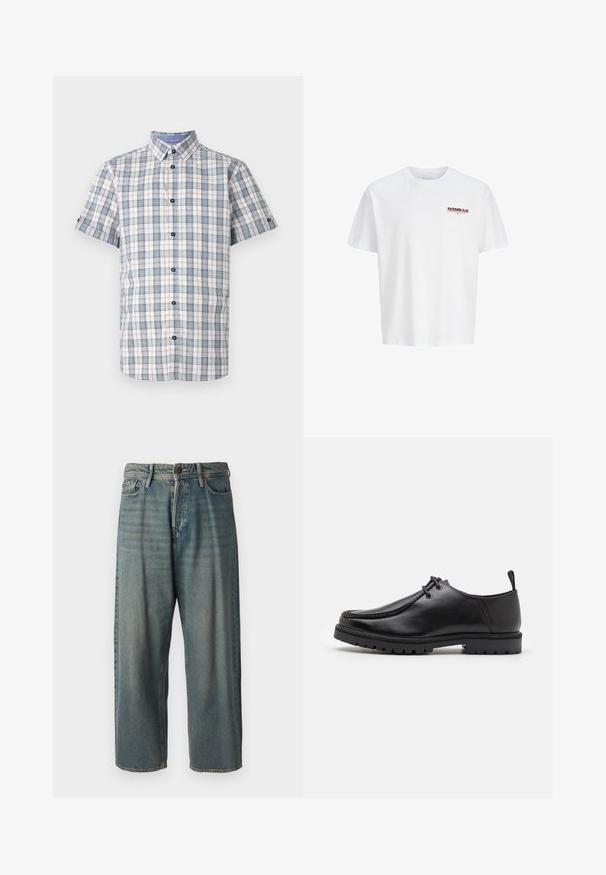 Camicia a maniche corte a quadri nei colori bianco, blu e rosso. Presenta un collo con abbottonatura, bottoni scuri e un design a trama a griglia.; T-shirt bianca in cotone con colletto rotondo. Presenta una piccola stampa grafica di testo nera e rossa sul petto. Maniche corte, vestibilità rilassata.; Jeans di denim azzurro chiaro con vestibilità ampia, vita media e gambe dritte. Presenta cinque tasche, passanti per cintura e chiusura con bottone.; Scarpa nera in pelle con lacci e suola robusta, con un pratico anello sul tallone, vista di lato su sfondo bianco.