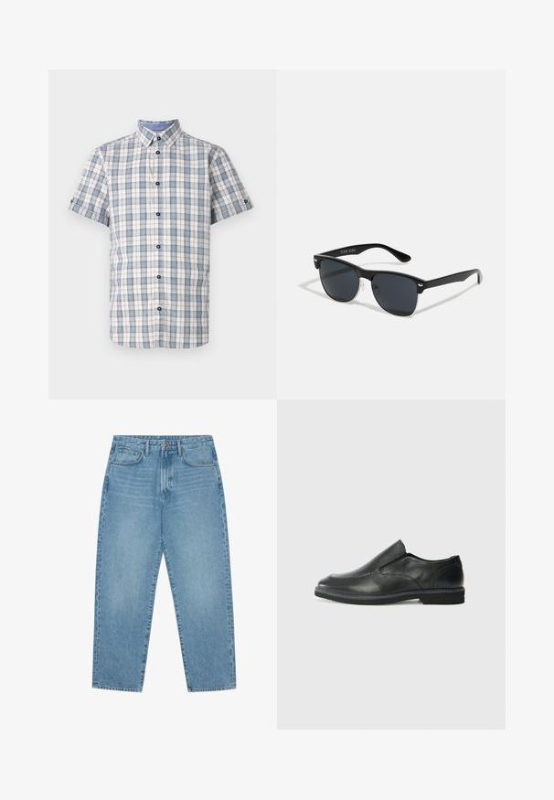 Cămașă cu manșete scurte, în carouri, albă, albastră și roșie. Prezintă un guler, nasturi închiși la culoare și un design cu pattern în grilă.; Jeans din denim albastru deschis cu croială largă și talie înaltă, având cinci buzunare, bucle pentru curea și o textură moale, ușor decolorată.; Pantof de piele neagră, tip slip-on, cu un superior neted, accente cusute, vârf rotunjit și un toc jos din cauciuc. Talpa are un profil minim de aderență.; Ochelari de soare negri cu o formă rectangulară, lentile întunecate, accente argintii la tâmple și un finisaj mat pe cadru.