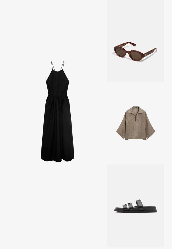 Braune Leinenbluse mit Kragen, tiefem V-Ausschnitt und breiten Glockenärmel. Sie hat vertikale weiße Streifen und eine entspannte, kastige Form.; Schwarzes ärmelloses Kleid mit hohem Kragen, tailliertem Oberteil und gerafftem Rock. Hergestellt aus glattem Stoff, mit dünnen Schulterträgern.; Schwarze Sandalen mit breiten Riemen und minimalistischer Design. Hergestellt aus glattem synthetischem Material mit flacher Sohle.; Schildpatt-Sonnenbrillen mit runden Rahmen, dunklen Gläsern und goldfarbener Logodetailierung an den Schläfen. Glattes Kunststoffmaterial, keine sichtbaren Muster.; Gestreifte Strohtasche mit einem schwarzen Stoffoberteil und Griff. Inklusive abnehmbarer Schulterriemen. Mit einem dunklen Logoetikett auf der Vorderseite.; Goldene Creolen mit glattem, abgerundetem Design. Verfügt über eine polierte Oberfläche und eine Stecker-Verschluss. Ähnelt einer gebogenen Mondsichel.