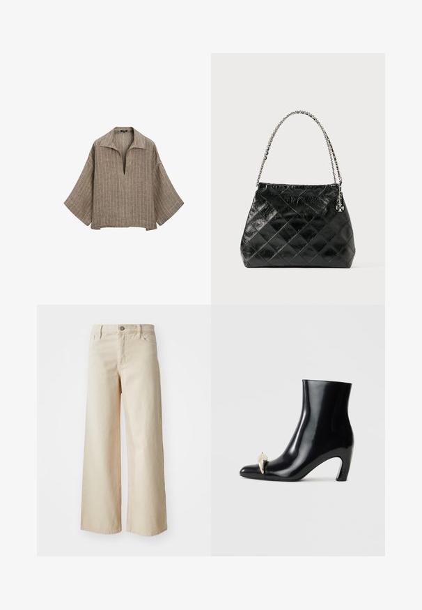 Brun hørbluse med krave, dyb V-hals og brede klokkeærmer. Har lodrette hvide striber og en afslappet, boxy silhouette.; Beige brede bukser lavet af denim med høj talje, knaplukning, bæltesløjfer og sidelommer. Glat tekstur og afslappet pasform.; Sort ankelstøvle lavet af blank læder, med spids tå og en dekorativ guld- og sølvaccent foran. Design med blokhæle.; Sort quiltet læderhåndtaske med et sølvfarvet kædehåndtag, der har et struktureret design og en glat tekstur.