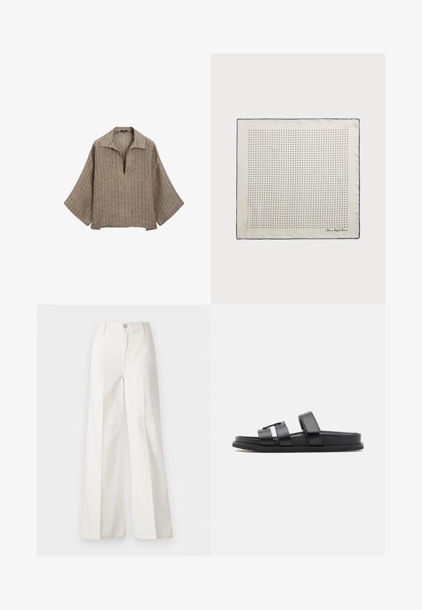 Brun hørbluse med krave, dyb V-hals og brede klokkeærmer. Har lodrette hvide striber og en afslappet, boxy silhouette.; Hvide vidde bukser lavet af bomuld med en glat tekstur. Har en frontknap, lynlås, og fire-lomme design.; Svarte slidesandaler med to brede remme og et minimalistisk design. Lavet af glat syntetisk materiale med en flad sål.; Selsjal i cremefarve med en marineblå kant, der har jævnt fordelte marineblå prikker, som danner et mønster. Signatur trykt i hjørnet.