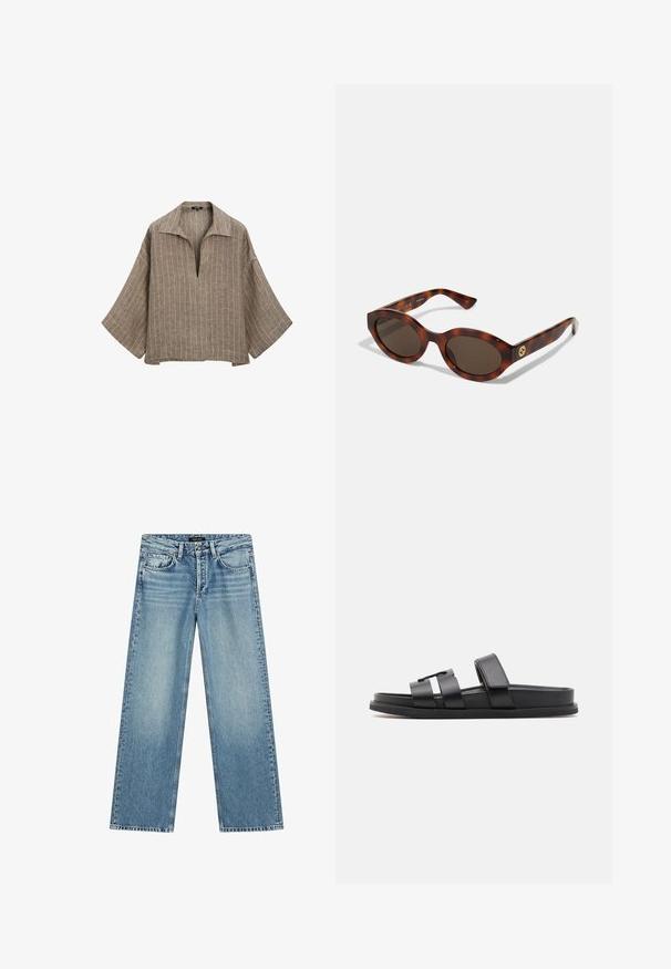 Brun hørbluse med krave, dyb V-hals og brede klokkeærmer. Har lodrette hvide striber og en afslappet, boxy silhouette.; Lyseblå vidde jeans lavet af denim. Har fem lommer, lukning med knap og subtil falmen, der skaber et tekstureret udseende.; Svarte slidesandaler med to brede remme og et minimalistisk design. Lavet af glat syntetisk materiale med en flad sål.; Skildpaddemønstret solbriller med runde rammer, mørke linser og gulds logo detaljering på stængerne. Glat plastmateriale, ingen synlige mønstre.