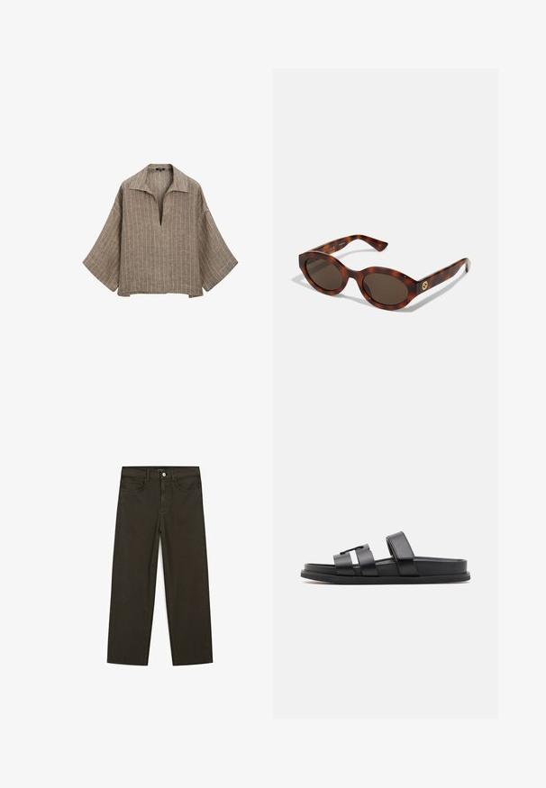 Braune Leinenbluse mit Kragen, tiefem V-Ausschnitt und breiten Glockenärmel. Sie hat vertikale weiße Streifen und eine entspannte, kastige Form.; Dunkelgrüne Jeans im weit geschnittenen Style, hergestellt aus einem Baumwollgemisch. Sie verfügen über einen Frontknopfverschluss, fünf Taschen und klassische Denim-Nähte.; Schwarze Sandalen mit breiten Riemen und minimalistischer Design. Hergestellt aus glattem synthetischem Material mit flacher Sohle.; Schildpatt-Sonnenbrillen mit runden Rahmen, dunklen Gläsern und goldfarbener Logodetailierung an den Schläfen. Glattes Kunststoffmaterial, keine sichtbaren Muster.; Braune Ledertasche mit zwei langen Griffen, strukturierte rechteckige Form, glatte Textur und dezente Nähdetails.