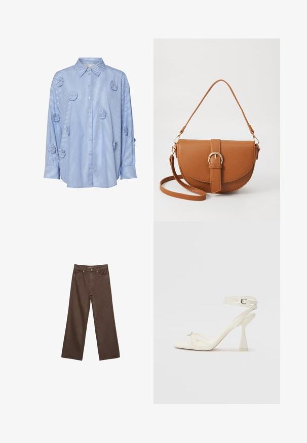 Blue and white striped shirt with a collar, featuring fabric rose appliqués and long sleeves, made from lightweight cotton material.; Wide-leg brown jeans made of denim, featuring a high waist, front pockets, and a classic button closure. Smooth texture with subtle stitching.; Strappy high-heeled sandal in white leather with a sleek design, a transparent block heel, and a decorative element at the toe.; Brown leather crossbody bag with a curved shape, gold hardware, and a buckle accent. Features a detachable shoulder strap.
