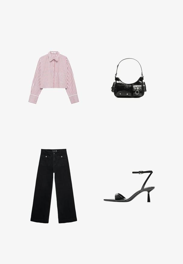Gekürztes Hemd mit langen Ärmeln, featuring rot-weißen vertikalen Streifen, einem spitzen Kragen, vorderen Knöpfen und einer Brusttasche.; Schwarze, weit geschnittene Jeans mit hoher Taille, die zwei Fronttaschen und metallene Knopfakzente aufweist. Der Stoff hat eine glatte Textur.; Bershka High Heel Sandalette - black; Schwarze Lackleder-Handtasche mit geschwungenem Design, einem Schulterriemen, Vordertaschen und silberfarbenen Hardware-Akzenten.