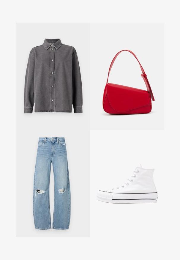 Grå denimskjorta med knäppning fram, långa ärmar och spetsig krage. Har två framfickor och en avslappnad passform.; Ljusblå, högmidjade jeans i denim. Har vida ben, två slitna knäområden och klassisk femfickedesign.; Vit hög topp canvas sneaker med svart gummisulan, framsidan gummitåhätta och sex öglor för snören, med en ren, minimalistisk design.; Röd läderhandväska med en vinkelrät, geometrisk design. Har ett justerbart axelband och en klaffstängning med sydda detaljer.