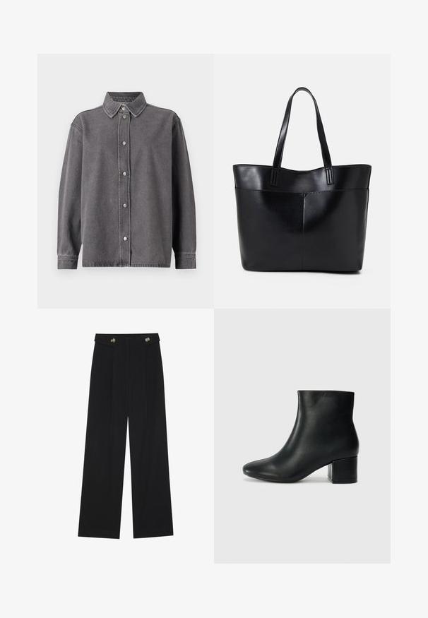 Gray denim shirt with a button-down front, long sleeves, and pointed collar. Features two front pockets and a relaxed fit.; Black wide-leg trousers with high waist, button details on waistband, and front pleats.; Black leather ankle boots with a pointed toe and a chunky heel. Smooth texture with minimal accents and a sleek, fitted design.; Black leather tote bag with two long handles, a smooth texture, and a structured shape. Features a front pocket for additional storage.