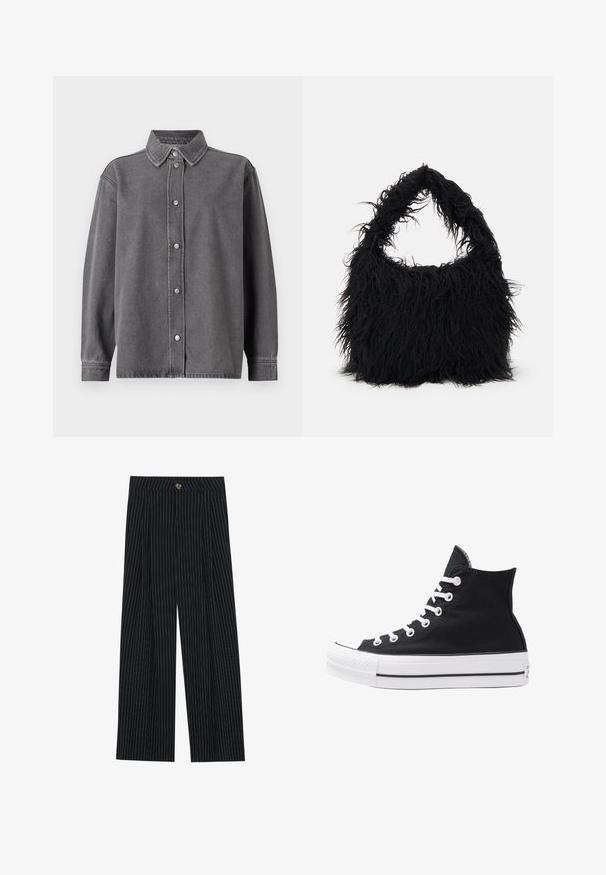 Grau Denim-Hemd mit Knopfverschluss vorne, langen Ärmeln und spitzem Kragen. Verfügt über zwei aufgesetzte Taschen vorne und einen lässigen Schnitt.; Schwarz gestreifte weit geschnittene Hosen aus strukturiertem Stoff, mit einem frontalen Knopfverschluss und gefaltetem Design für zusätzlichen Ausdruck.; Schwarze High-Top-Canvas-Sneaker mit weißen Ösen, Schnürsenkeln und Gummisohle. Verfügt über eine strukturierte Zehenkappe und schwarz-weiße Streifenakzente.; Even&Odd Shopping Bag - black