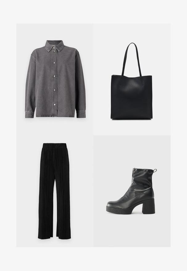 Szara koszula dżinsowa z zapięciem na guziki, długimi rękawami i spiczastym kołnierzykiem. Posiada dwie przednie kieszenie oraz luźny krój.; Czarne spodnie plisowane z elastycznym paskiem w talii. Posiadają szerokie nogawki oraz gładki, teksturowany materiał z pionowymi paskami.; Czarne botki za kostkę wykonane z gładkiej skóry, wyposażone w boczny zamek błyskawiczny, masywny teksturowany obcas oraz zaokrąglony czubek.; Czarna skórzana torba tote o gładkiej fakturze, prostokątnym kształcie i dwóch długich uchwytach. Brak widocznych elementów metalowych i ozdób.