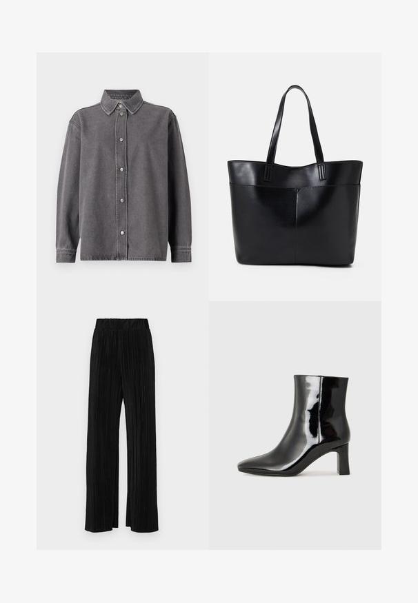 Šedá džínsová košile s knoflíkovou přední částí, dlouhými rukávy a špičatým límcem. Má dvě přední kapsy a uvolněný střih.; Černé plisované kalhoty s elastickým pasem. Mají široké nohavice a hladkou, strukturovanou tkaninu s vertikálními pruhy.; Černé lakované kotníkové boty s špičatou špičkou a středně vysokým blokovým podpatkem. Hladká textura a minimalistický design.; Černá kožená taška s dlouhými ušima, hladkým povrchem a strukturovaným tvarem. Obsahuje přední kapsu pro další úložný prostor.