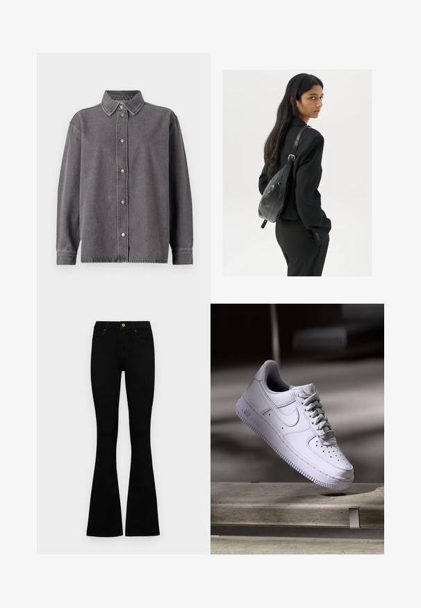 Halli denimi särk, millel on nööpidega eesmine osa, pikad varrukad ja terav krae. Sellel on kaks eesmist taskut ja lõdvendatud lõikega.; Mustad kõrge vöökohtadega teksad, millel on nööp ja lukuga sulgemine, esikäe taskud ja laienevad sääred, asetatud tasasele valgele taustale.; Valge Nike Air Force 1 toss, mis hõljub betoonpinna kohal, varjud minimalistlikus keskkonnas.; Pikkade tumehaired naine mustas ülikonnas, kandes musta nahast õlakotti, vaatab üle õla valge tausta taustal.