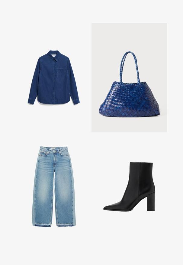 Camicia di denim blu scuro con maniche lunghe, chiusura con bottoni, colletto a punta, taschino sul petto e dettagli di cucitura sottili.; Jeans azzurri a gamba larga realizzati in denim, con vita alta, chiusura con bottone, tasche anteriori e orlo grezzo.; Stivale alla caviglia in pelle nera con punta affilata, tacco quadrato, texture liscia e dettagli di cucitura lungo le cuciture. I tacchi misurano circa 3,5 pollici.; Borsa tote intrecciata in pelle blu con due manici intrecciati, caratterizzata da una forma sfilacciata e angolare e una superficie texturizzata.