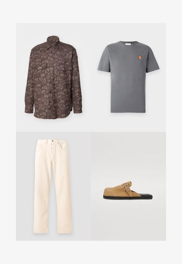 Ilga rankovė marškiniai pagaminti iš tekstūruoto rudo audinio su lapų raštu, turintys dvi krūtines kišenes ir priekinį mygtukų užsegimą.; Pilkas medvilninis marškinėliai su maža oranžine lapės galvos siuvinėjimu virš kairiojo krūtinės. Apvalus kaklas, trumpomis rankovėmis ir klasikinio silueto.; Šviesiai smėliniai džinsai su tiesiu sijonu, penkiomis kišenėmis ir priekiu užsegamu mygtuku. Siuvimo linijos matomos palei siūles.; Rudi suede slip-on batai su plokščiu juodu padu, turintys reguliuojamą sagties dirželį ir glotnią vidinę apdailą.