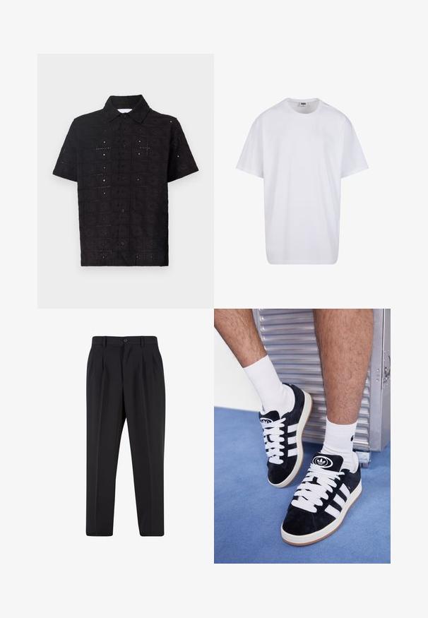 Kratkoročna črna majica iz teksturirane tkanine, ki ima vezen cvetlični vzorec in ovratnik z gumbom.; Bela bombažna majica s kratkimi rokavi, okroglim izrezom, sproščenim krojem in brez vidnih logotipov ali vzorcev. Gladka tekstura in minimalen dizajn.; Črne hlače z nabranim sprednjim delom, narejene iz gladkega materiala. Imajo gumbasto zapiranje in zanke za pas; ravne hlačnice.; Črne semiš teniske z belimi vezalkami in tremi belimi črtami. Imajo okroglo črno oznako na jezičku in gumijast podplat.