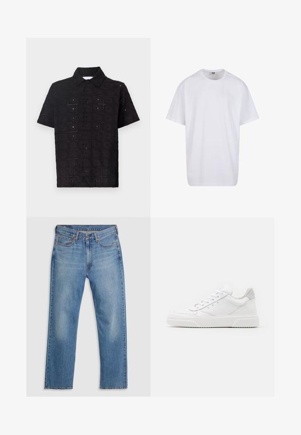 Kratkoročna črna majica iz teksturirane tkanine, ki ima vezen cvetlični vzorec in ovratnik z gumbom.; Bela bombažna majica s kratkimi rokavi, okroglim izrezom, sproščenim krojem in brez vidnih logotipov ali vzorcev. Gladka tekstura in minimalen dizajn.; Modri jeans ravnega kroja iz denima z zapiranjem na gumb in zadrgo spredaj, z zankami za pas in petimi žepi na beli podlagi.; Bele usnjene športne copate z gladkim zaključkom, okroglo konico, ravnimi vezalkami in teksturiranim podplatom. Sivi semiš detajl na peti.