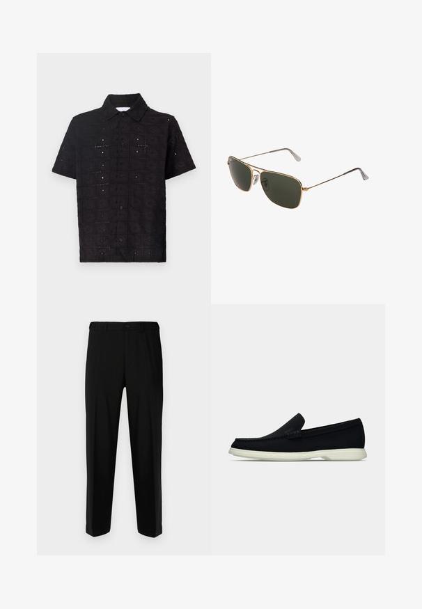 Camisa preta de mangas curtas feita de um tecido texturizado, com um padrão floral bordado e um colarinho com fecho de botão.; Calças pretas feitas de tecido liso, com um corte reto, dois bolsos frontais e fecho de zipper com botão.; Shoe slip-on preto com bico arredondado, apresentando um cabedal texturizado, sola branca lisa e um detalhe de marca discreto na lateral.; Óculos de sol aviador de metal dourado com lentes grandes de verde escuro, apresentando uma armação fina e almofadas de nariz transparentes para conforto.