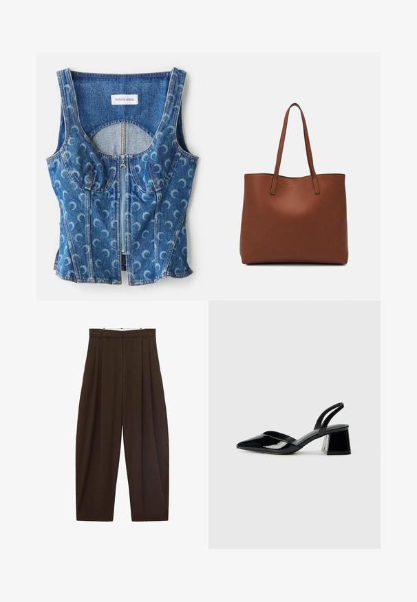 Top corto in denim con zip frontale, dettagli di cuciture curve e un motivo a mezzaluna ripetuto in azzurro chiaro su una base blu scuro.; Pantaloni marroni a vita alta con pieghe, realizzati in tessuto morbido. Vestibilità ampia, design a gamba dritta, dotati di passanti per cintura e chiusura con zip.; Décolleté in vernice nera con punta affusolata e tacco in geometria cubica. Presentano un design elegante e minimalista, con una texture liscia.; Borsa tote in pelle marrone con texture liscia, design con apertura superiore e due spallacci. Presenta cuciture minime e nessun hardware visibile.