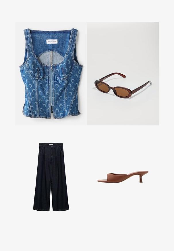 Denim kratek top s zadrgo spredaj, ukrivljenimi šivi in ponavljajočim se vzorcem polmesecev v svetlo modri barvi na temnejšem modrem osnovnem tonu.; Temno jeans hlače širšega kroja z visokim pasom, ki imajo sprednje zapiranje na gumb, dve stranski žepu in detajle v šivanju.; Rjave odprte sandalje s peto z gladko, mat površino, ki imajo ukrivljen dizajn in prozorno, zoženo peto.; Okrogle, rjavo obarvane sončne naočare z sijočim burgundskim okvirjem. Tanek nosilec s subtilnim logotipom. Oblika leč je ravna.
