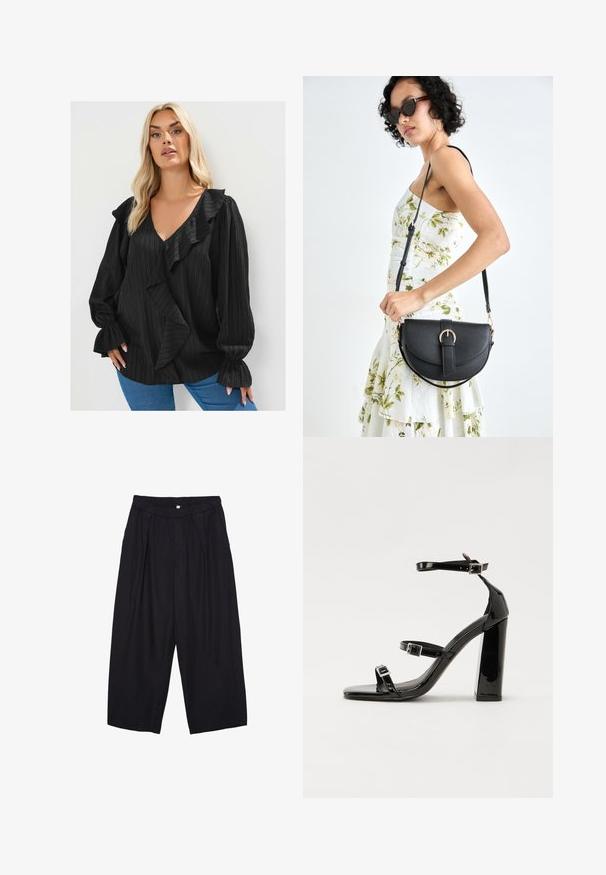 Blusa nera a texture con scollatura a V profonda, dettagli arricciati e maniche voluminose, abbinata a jeans blu. Tessuto morbido e leggero.; Pantaloni culotte neri in poliestere con una cintura elastica, due pieghe frontali e una silhouette ampia. Nessun motivo visibile o dettagli in metallo.; Sandali con tacco in vernice nera, con punta squadrata, cinturini alla caviglia e fibbie in argento. Presentano un tacco a blocco spesso per maggiore stabilità.; Borsa a tracolla nera in pelle con una forma curva, manico rimovibile e accessori dorati. La borsa presenta una patta con un dettaglio a fibbia.