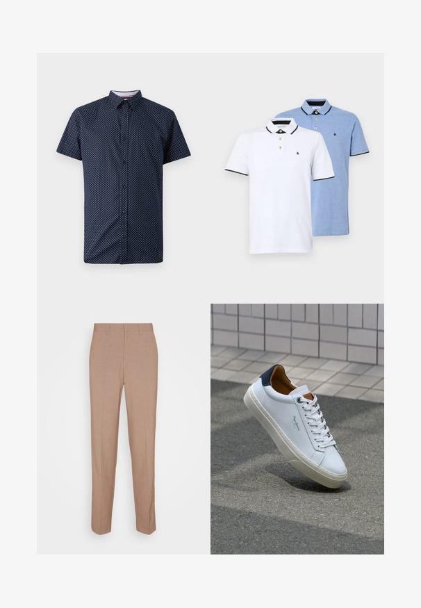 Īsām piedurkņu krekls tumši zilos audumos ar baltu punktiņu rakstu, kas aprīkots ar pogu aizdari priekšā un klasisku apkakli.; Divi polo krekli: viens balts ar melniem akcentiem, otrs gaiši zils melnā toņkārtā. Katram ir apkakle un divu pogu aizdare ar logo.; Bēša krāsas piegriezumu bikses no gludas, teksturētas auduma. Taisna piegriezuma ar jostasvietu, bez redzamām rotājumiem vai kabatām.; Baltas ādas čības ar tumši zilu papēdi, apaļu purngalu un kontrastējošām brūnām detaļām. Aprīkotas ar plakanu auklu un struktūrētu gumijas zoli.