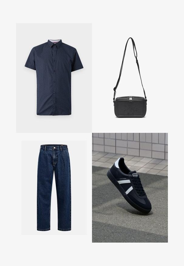Majica s kratkimi rokavi v mornarsko modri barvi s belim pikastim vzorcem, ki ima gumbasto zaponko spredaj in klasičen ovratnik.; Temno modri kavbojki iz denima s pravim krojem. Imajo vidno šivanje, zapenjanje na gumb in sprednje plitke za dodaten detajl.; Črne usnjene superge z belimi črtami, teksturiran gumijast podplat in zavezovanje spredaj. Imajo označeno oznako na ježku.; Črna usnjena torbica čez ramo z zadrgo, embosirano logotipom spredaj in nastavljivim pasom. Gladka površina z pravokotno obliko.