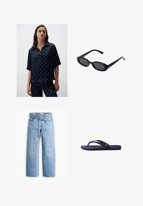 Marineblauw, kortemouwen blouse met een kraag, voorzien van een patroon van kleine, lichtgekleurde bloempjes, gemaakt van soepele stof.; Lichtblauwe denim wijde broek met een hoge taille, knoop- en ritssluiting, en een trekkoorddetail in de taille. Afgeronde zoomafwerking.; Navyblauwe flip-flops met een textuur op de rubberen banden en zool, met een golvend patroon op de banden en een vlakke, gegroefde zool.; Zwarte oversized zonnebril met ovale lenzen, een glad plastic montuur en gouden accenten op de pootjes. Donkere lenzen bieden bescherming tegen de zon.; Zwarte geweven tote bag met twee handvatten. Zachte textuur, slungelige vorm en een grote, ronde vorm. Geen zichtbare hardware of accenten.