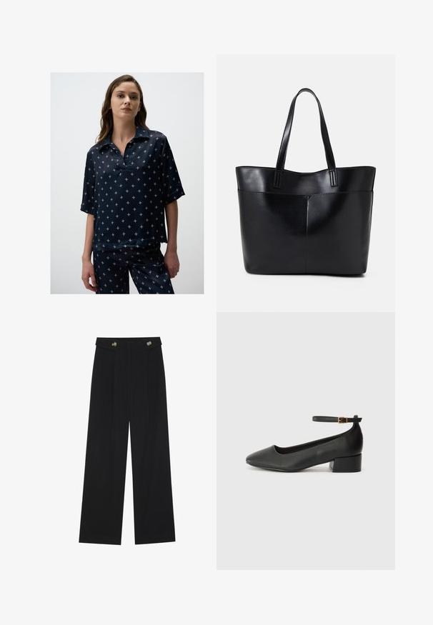 Granatowa bluzka z krótkim rękawem i kołnierzykiem, z wzorem małych, jasnych kształtów kwiatowych, wykonana z gładkiego materiału.; Czarne szerokie spodnie z wysokim stanem, z detalami w postaci guzików na pasku oraz plisami z przodu.; Czarne skórzane szpilki z ostrym noskiem i niskim słupkowym obcasem. Wyposażone w pasek na kostkę z złotym zapięciem. Gładka tekstura.; Czarna skórzana torba na ramię z dwoma długimi uchwytami, gładką teksturą i sztywną formą. Posiada przednią kieszeń dla dodatkowego przechowywania.