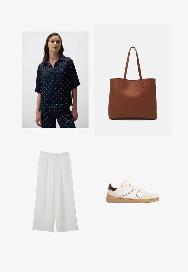 Marineblauw, kortemouwen blouse met een kraag, voorzien van een patroon van kleine, lichtgekleurde bloempjes, gemaakt van soepele stof.; Witte wijde broek van lichtgewicht stof, met een elastische tailleband en een trekkoord voor een verstelbare pasvorm. Glad texture.; Stradivarius Sneakers laag - white; Bruine leren tote bag met een gladde textuur, een ontwerp met een open bovenkant en twee schouderbanden. Kenmerkt zich door minimale stiksels en geen zichtbare hardware.