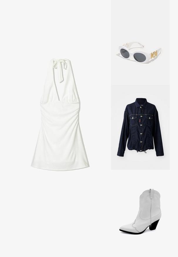 Dark blue denim jacket with two chest pockets, silver button hardware, adjustable drawstring hem, and contrasting stitching details.; White halter top with a tie neck, featuring gathered fabric at the bodice and a flowing bottom. Smooth texture with no patterns or accents.; White leather cowboy boot with pointed toe, curved stitching detail, and a short black block heel. Features a pull tab at the back.; White oval sunglasses with dark lenses, featuring gold hardware and decorative accents on the temples. Smooth plastic material.; Yellow perforated handbag with a buckle detail and adjustable strap, paired with denim shorts and black high-heeled sandals with bows.