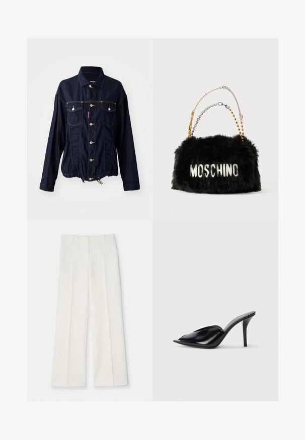Chaqueta de denim azul oscuro con dos bolsillos en el pecho, herrajes de botón plateado, dobladillo ajustable con cordón y detalles de costura en contraste.; Pantalones de pierna ancha en tejido color crema claro, con una textura suave, pliegues frontales y dos bolsillos laterales. Diseño de cinturilla ajustada.; Zuecos de tacón alto de cuero negro con punta abierta, diseño puntiagudo, textura suave y un delgado tacón de aguja.; Bolso de piel sintética negra con asas de cadena doradas y plateadas. Presenta el logo "MOSCHINO" en blanco en la parte frontal. Textura suave y forma rectangular.