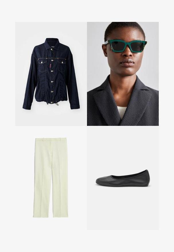 Dunkelblaue Jeansjacke mit zwei Brusttaschen, silbernen Knopfdetails, verstellbarem Kordelzugsaum und kontrastierenden Nähten.; Cremefarbene, maßgeschneiderte Hosen mit geradem Schnitt, flachem Front, Gürtelschlaufen und glatter Oberfläche.; Schwarze Leder-Ballettschuhe mit abgerundeter Spitze, glatter Textur, minimalen Nähdetails und einem flexiblen Sohlen-Design.; Grüne und gemusterte Sonnenbrille mit einem geometrischen Rahmen; dunkle Gläser; das Model trägt ein strukturiertes schwarzes Sakko über einem hellen Oberteil.; Schwarze synthetische Schultertasche mit geschwungenem Silhouette, strukturiertem Finish, goldenem Dreiecks-Logo und abnehmbaren Hardware-Akzenten.