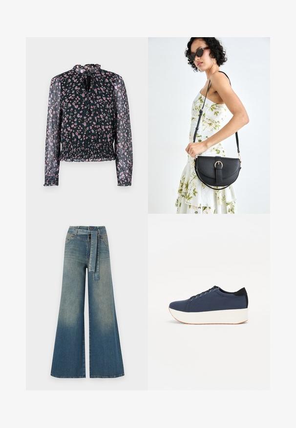 Blusa negra con estampado floral, de mangas largas y transparentes, con cintura fruncida y un escote con volantes. Presenta pequeños patrones de flores rosas y azules.; Pantalones de mezclilla de pierna ancha con un degradado de azul claro a oscuro, cintura alta, trabillas para cinturón y un cinturón de tela a juego. Acabado de mezclilla texturizada.; Zapatilla de color azul marino con parte superior de tejido texturizado, suela de plataforma blanca, punta redondeada y acento en el talón negro. Cuenta con seis ojales para los cordones.; Bolso de piel negra con forma curva, correa desmontable y herrajes dorados. El bolso cuenta con una solapa con un detalle de hebilla.