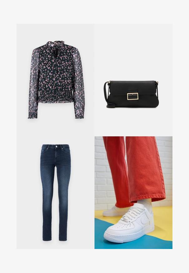 Fekete virágmintás blúz hosszú áttetsző ujjal, gumírozott derékkal és fodros dekoltázzsal. Kis rózsaszín és kék virágminták díszítik.; Sötétkék, skinny farmernadrág, klasszikus öt zsebes dizájnnal, gombos záródással és enyhe kopással a combokon.; Fehér bőr edzőcipő perforált orral, texturált talppal és fehér fűzővel, széles vörös nadrággal párosítva, kék és sárga háttérrel.; Fekete bőr kézitáska hajtóka részlettel és aranyszínű fém csattal. Tartalmaz egy fekete pántot és egy letisztult, minimális dizájnt.; Ezüst karika fülbevalók csavart kialakítással, fényes felülettel és fülbevaló tűzáras zárással. Átmérőjük körülbelül 3 cm.