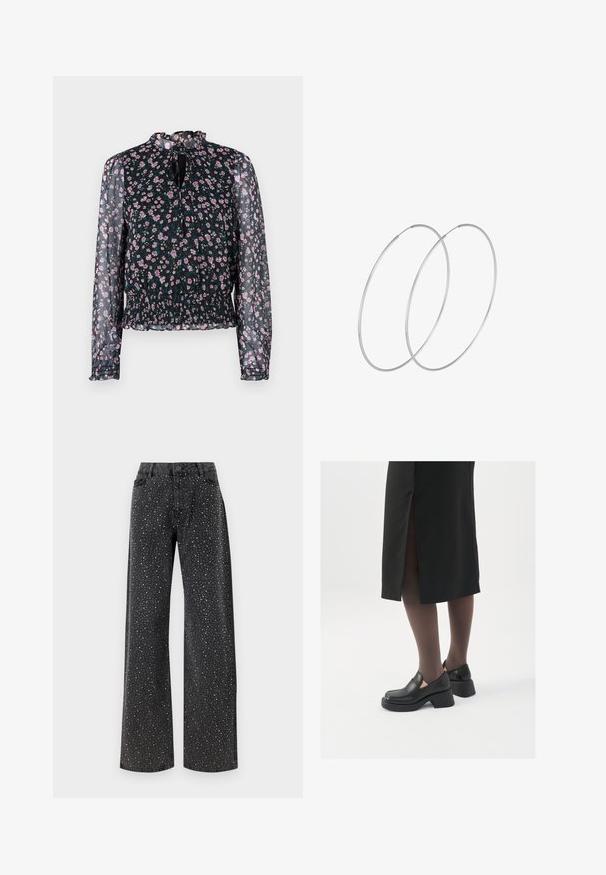 Mustmustärane lilleline pluus pikkade läbipaistvate varrukatega, smock-keskmise ja volangiga kaelus. Omab väikeseid roosaid ja siniseid lillemustreid.; Noisy May NMJANNEL LOOSE - Avar lõikega teksad - black denim; Mustad mustad jalatsid ümmarguse varbaga, paksu plokkniidi ja elastsete külgdetailidega, kombineeritud tumedate sukkade ja musta lõhikuga seelikuga.; Hõbedased rõngastikkaehingad minimalistlikus disainis. Ümar kuju, sile tekstuur ja õhuke profiil. Kerged ning poleeritud viimistlusega.