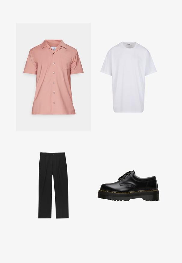 Kurzärmliges Hemd in Hellrosa, aus glattem Stoff gefertigt. Verfügt über eine Brusttasche und einen klassischen Kragen mit vorderen Knöpfen.; Weiße Baumwoll-T-Shirt mit kurzen Ärmeln, rundem Ausschnitt, lockerer Passform und ohne sichtbare Logos oder Muster. Glatte Textur und minimalistisches Design.; Schwarze Hose mit geradem Schnitt, aus einem glatten Stoff gefertigt. Verfügt über Vorderfalten und einen einzelnen Knopfverschluss an der Taille.; Schwarzer Leder-Schnürschuh mit einer dicken, gezahnten Gummisohle in Schwarz und gelben Nähten entlang der Kante, mit einer glatten Verarbeitung.