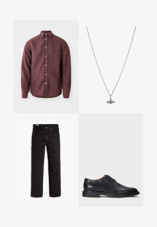 Viininpunainen pitkähihaisessa puserossa on teksturoitu kangas, klassinen kaulus, nappikiinnitys ja kontrastiväriset napit.; Musta puuvillapaita, jossa on pyöreä kaula-aukko ja lyhyet hihat. Edessä on huomaamaton logo ja suora helma. Yksinkertainen ja minimalistinen muotoilu.; Mustat suorat farkut, joissa on viisi taskua, nappisulku ja vyölenkit, aseteltuna tasaisesti valkoista taustaa vasten.; Musta nahkakenkä, jossa on pyöreä varvas, nauhakiinnitys ja matala tukipohja. Tasainen pinta, jossa on minimaalinen ommeltu yksityiskohta.; Hopeaketju, jossa on yksityiskohtainen riipus planeetan muodossa, koristeltuna pienillä yksityiskohdilla ja monimutkaisilla kuvioilla.