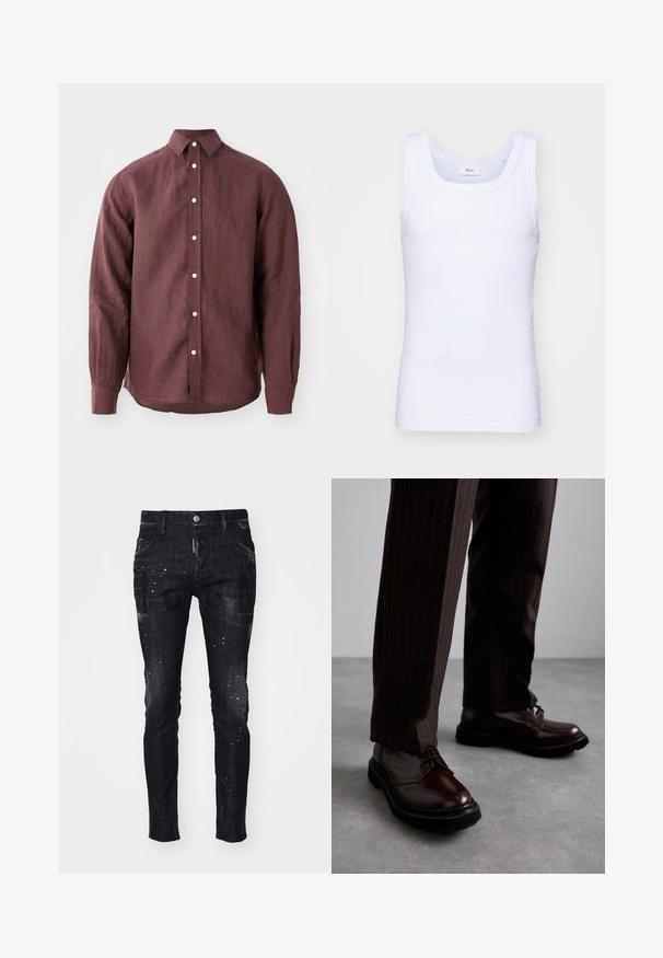 Bordeauxrotes Langarmshirt aus strukturiertem Stoff, mit klassischem Kragen, Knopfverschluss vorne und Knöpfen in einer kontrastierenden Farbe.; Weißes Baumwoll-Top ohne Ärmel mit rundem Ausschnitt, ausgestattet mit einer glatten Textur und einer figurbetonten Form, ideal für die Freizeit.; Schwarze Denim-Jeans mit schlankem Schnitt, angedeuteter Textur, Farbspritzern und auffälligen Grafikdrucken auf der Vorderseite.; Braune Leder Schnürschuhe mit glänzender Oberfläche, schwarzer Gummisohle und dezenten Nähten. Getragen mit braunen Angabenhosen mit Nadelstreifen.