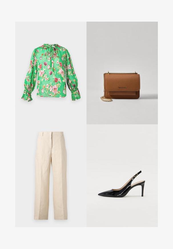 Blusa floreale in tessuto verde brillante con maniche a sbuffo, dettagli a volant e scollatura arricciata. Presenta una stampa floreale multicolore.; Pantaloni di lino beige con una vestibilità ampia, fronte plissettato e gambe dritte. Presentano una vita con passanti per cintura e senza tasche visibili.; Pumps slingback in pelle verniciata nera con punta affilata, tacco sottile e un design con ritagli delicati. Caratterizzate da una fibbia dorata sul cinturino.; Borsa a tracolla in pelle marrone con texture, dotata di catena dorata e chiusura a pattina. Sul davanti presenta un dettaglio con logo e una tasca sotto la pattina.