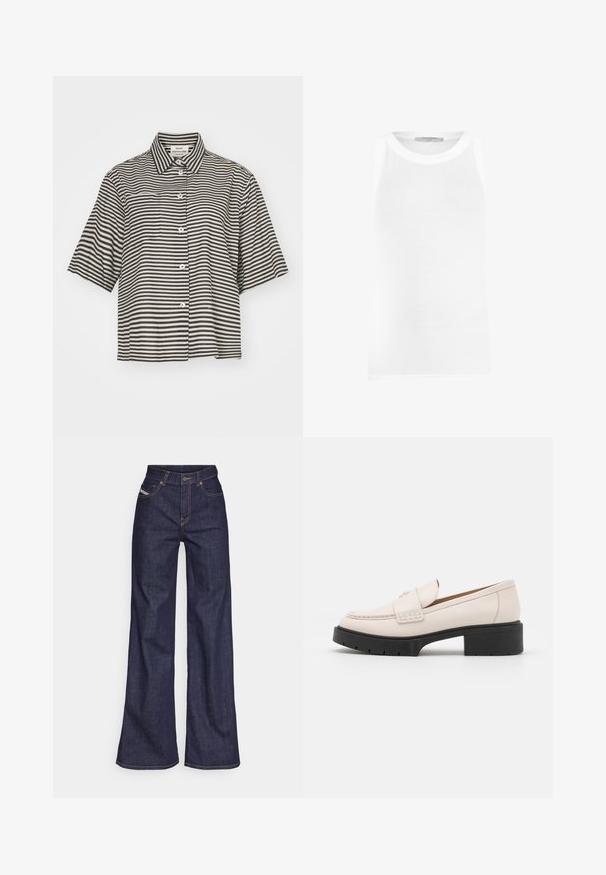 Mads Nørgaard COLIN LORELLA - Cămașă - black; Top alb fără mâneci, confecționat din material cu textură în dantelă, având un decolteu rotund și margini fără cusături pentru o potrivire uniformă.; Blugi taille mare, de culoare albastru închis, din material denim, cu croială largă, cu cusături portocalii, design cu cinci buzunare și închidere cu nasture.; Loaferi din piele bej deschis, cu vârf cusut și cu o talpă platformă texturată de culoare neagră. Caracterizată printr-un design curbat și o ușoară ridicare.