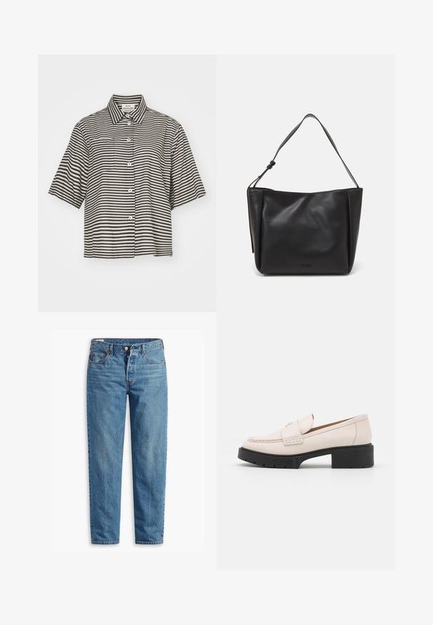 Mads Nørgaard COLIN LORELLA - Skjortebluser - black; Blå denimjeans med lige ben, der har lynlås i gylpen, to forlommer og subtil falming over stoffet.; Lys beige læder loafers med en syet front og en tekstureret sort platformhæl. Har et buet design og en let hævning.; Calvin Klein GRACIE MEDIUM - Håndtasker - black