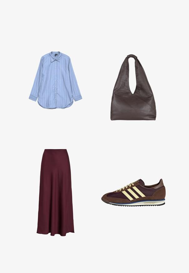 Lyseblå langermet skjorte laget av bomullsvev, med vertikale hvite striper, krage og knappelukking foran med avrundet nederkant.; Burgunderfarget sateng maxi-skjørt med en glatt tekstur, høy midje og en flytende silhuett som svinger forsiktig utover mot kanten.; Brune og burgunder sneakers i semsket og mesh-materiale, med tre kremfargede striper, teksturert stoff på tungen, og en gummisåle.; Brun lærveske med en avslappet, overdimensjonert design. Har en løkkehåndtak og en dyp V-formet åpning for enkel tilgang. Myk tekstur, minimalistisk stil.