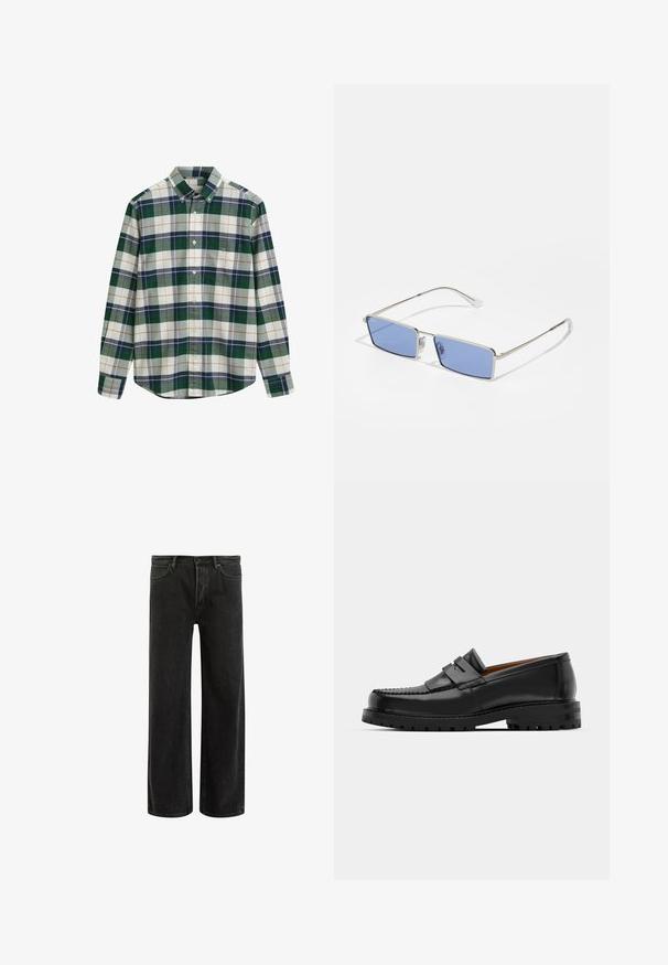 Zeleno-bílá kostkovaná košile na knoflíky s límečkem, zdobená námořnickou modří, šedou a oranžovými akcenty. Obsahuje kapsu na levé straně hrudníku.; Černé džíny s širšími nohavicemi a vysokým pasem, s klasickým designem pěti kapes a jemným vyblednutím pro texturovaný vzhled.; Černé kožené mokasíny mají zvýšený šev, dvě dekorativní pásky na svršku a silnou strukturovanou podrážku pro lepší přilnavost.; Kovové sluneční brýle s obdélníkovým tvarem, modrými zabarvenými skly a stříbrným rámem. Obsahují nosní podložky a tenké, rovné ramena.