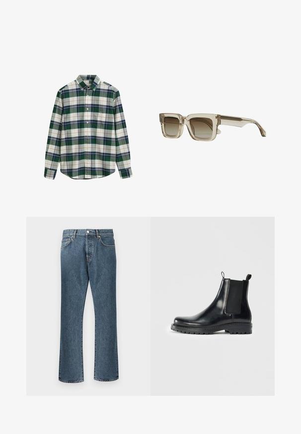 Grøn- og hvidternet skjorte med knapper og krave, der har marineblå, grå og orange detaljer. Inkluderer en lomme på venstre bryst.; Blå denim jeans med lige ben design, der har en klassisk knap- og lynlås lukning, fem lommer og subtilt slid.; Sorte læder Chelsea støvler med elastiske sidepaneler, en løkke for nem påtagning, og en robust gummisål med struktureret greb.; Kantede solbriller med en klar beige stel og gradient brune linser. Stængerne er slanke med en subtil designdetalje.