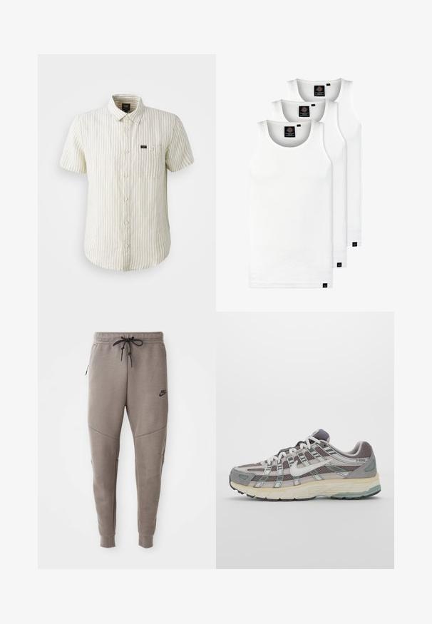 Kratki rukav košulja u bež boji s svijetlosivim vertikalnim prugama, koja se zatvara na dugmadi, s kragnom i jednim džepom na prsima.; Tri bijele rebraste majice bez rukava od pamuka. Imaju okrugli izrez i male crne oznake blizu rubova. Dostupne su u više veličina.; Sive Nike trenirke s elastičnim pojasom, suženi nogavi, bočnim džepovima i izraženim šavom. Mekani, teksturirani materijal.; Siva sportska tenisica s gornjim dijelom od mrežaste tkanine i zamshta, bijelim detaljima, amortizirajućom potplatom i prepoznatljivim dizajnom s refleksivnim elementima.