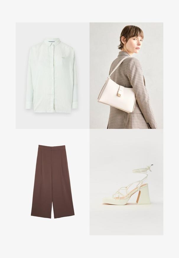 Svetlo zelena prugasta košulja s dugim rukavima, ovratnikom i diskretnim logotipom brenda na prsima; izrađena od glatkog materijala.; Rjave široke hlače z gladko teksturo, ki imajo visok pas in sprednje naborke. Tkanina je lahka in prosto pada.; Bela sandala na visokih petah s debelim petam, ki ima obliko trakcev in vezanje okoli gležnja. Gladka tekstura z platformo spredaj za dodatno višino.; Bela usnjena torba s strukturirano zasnovo, opremljena z magnetnim zapiranjem in naramnico, prikazana na nevtralni ozadju.