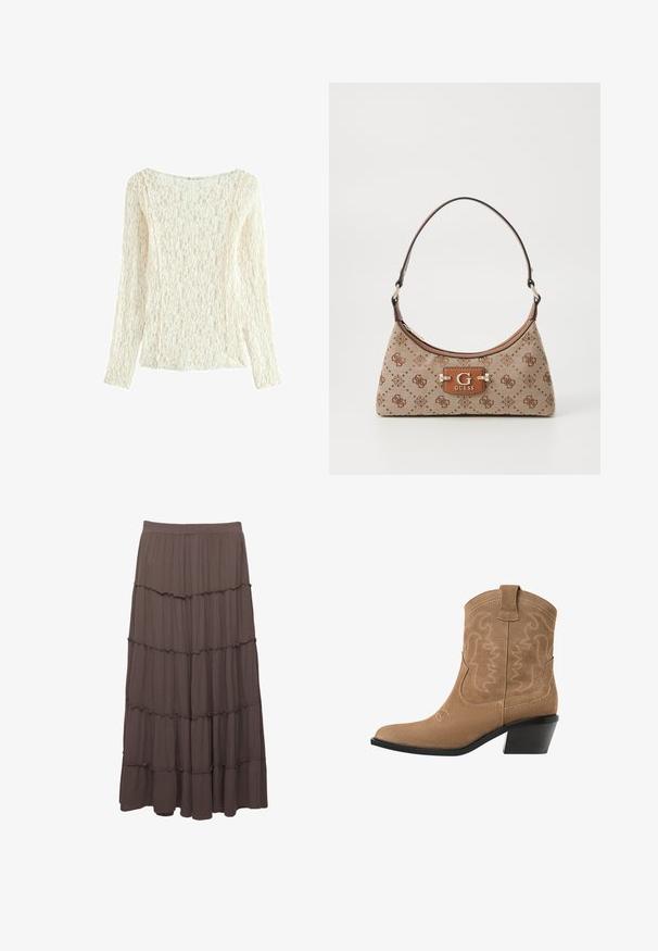 Langærmet blonde top i off-white, med et struktureret blomstermønster, bred udskæring og en let løs pasform, samt sideslids ved kanten.; Brun, lagdelt maxiskørt lavet af letvægtsstof. Har tre vandrette flæser og en elastisk talje for komfort.; Brune ruskind western ankelstøvle med spids tå, broderet design og en lav, stablet sort hæl. Har trækkroge for nem påtagning.; Tote bag i beige stof med brune mønstrede detaljer. Har en buet form, enkelt strop og et logo-plakette foran med sølvhardware.