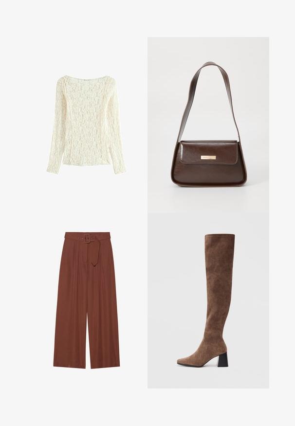 Garšs piedurkņu mežģīņu tops krēmkrāsā, ar teksturētu ziedu rakstu, platu kakla izgriezumu un nedaudz brīvu piegriezumu, ar sānu izdobjiem apakšmalā.; Platas kājas bikses brūnā audumā, ar jostu ar kvadrāta sprādzi, plišu dizainu un gludu tekstūru.; Brūni virsceļgala zābaki, kas izgatavoti no mīkstas zamša, ar iegarenu pirkstu un masīlu melnu papēdi. Dizains ietver bezšuvju šuvju, lai radītu elegantu izskatu.; Brūns ādas plecu soma ar strukturētu formu, kurai ir magnētisks atloks un metāla logo akcents priekšpusē.