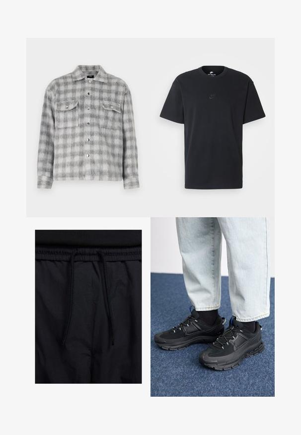 Grå og hvit rutete flanellskjorte med myk tekstur, med knapping foran, to brystlommer og lange ermer.; Nike svart bomull T-skjorte med klassisk rund hals, korte ermer, og en subtil, preget logo på brystet. Glatt tekstur.; Sorte shorts med snor i livet, lett stoff med en jevn tekstur, og et enkelt design uten synlige logoer eller mønstre.; Svarte sportssko med teksturert stoff og gummisåler, med elastiske lisser og en blå detalj på hælen. Brukt med lyse denimbukser.